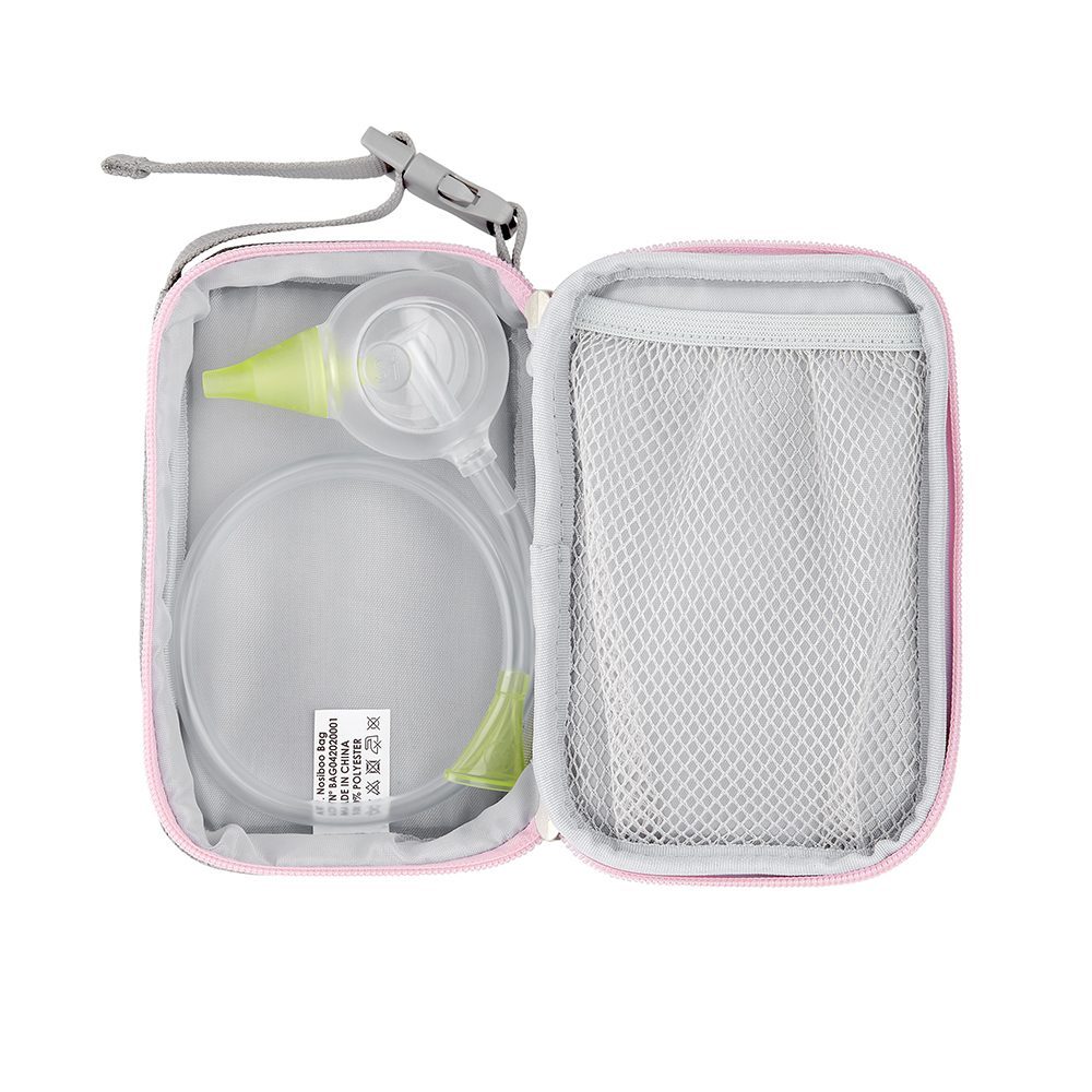An open Nosiboo Bag Toiletry Bag with a Nosiboo Eco Manual Nasal Aspirator inside