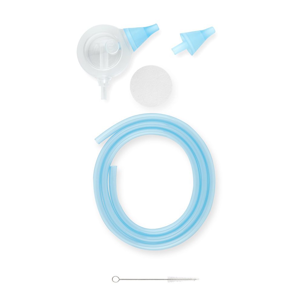 The elements of the Nosiboo Pro Accessory Set in blue colour: Colibri head, blue nose tip, air mesh, blue connecting tube